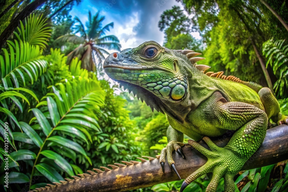 Obraz premium Large Green Iguana Relaxing on a Branch Surrounded by Lush Tropical Foliage in Natural Habitat
