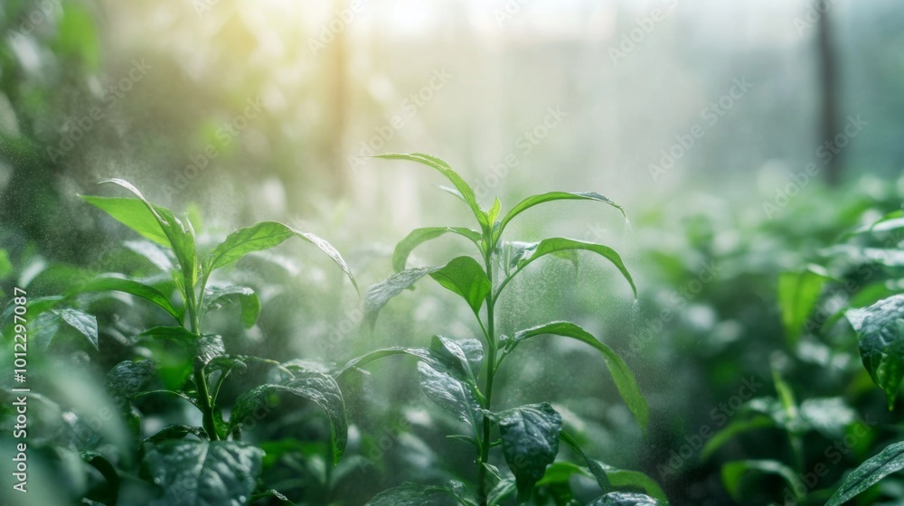 Naklejka premium Lush Green Foliage with Fine Mist Spray in Sunlight