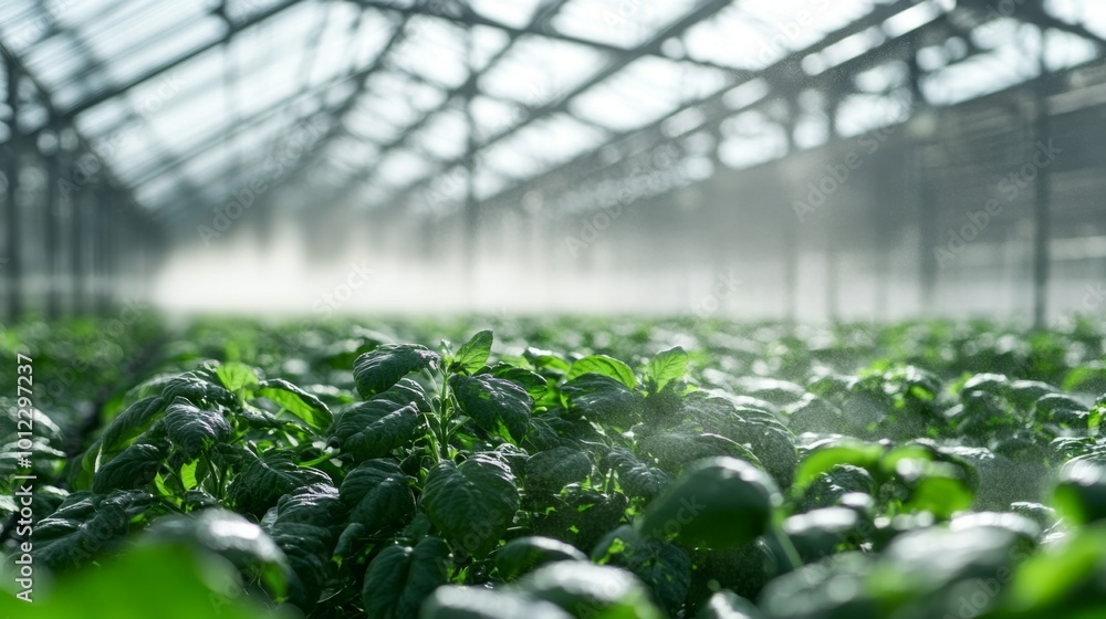 A Close-Up View of Green Foliage Sprinkled With Mist in a Greenhouse Setting A Close-Up View of Green Foliage Sprinkled With Mist in a Greenhouse Setting