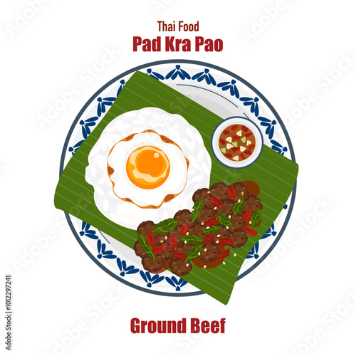 Set of flat banner vector illustrations, delicious food. Thai food, a la carte food, stir-fried basil with fried egg "pad kra pao". Cooking from top view, recipe, menu, restaurant for food design.