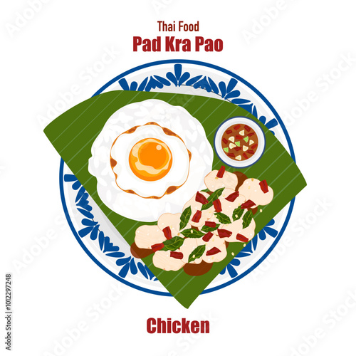 Set of flat banner vector illustrations, delicious food. Thai food, a la carte food, stir-fried basil with fried egg "pad kra pao". Cooking from top view, recipe, menu, restaurant for food design.