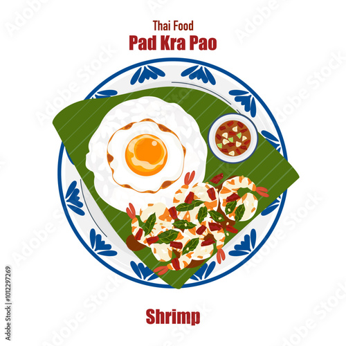Set of flat banner vector illustrations, delicious food. Thai food, a la carte food, stir-fried basil with fried egg "pad kra pao". Cooking from top view, recipe, menu, restaurant for food design.