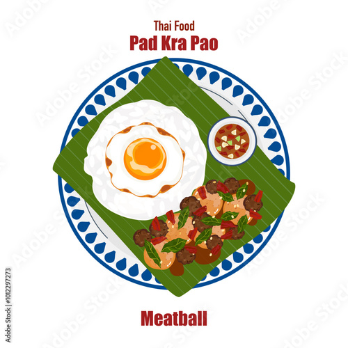 Set of flat banner vector illustrations, delicious food. Thai food, a la carte food, stir-fried basil with fried egg "pad kra pao". Cooking from top view, recipe, menu, restaurant for food design.