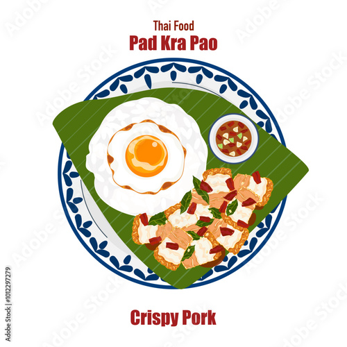 Set of flat banner vector illustrations, delicious food. Thai food, a la carte food, stir-fried basil with fried egg "pad kra pao". Cooking from top view, recipe, menu, restaurant for food design.