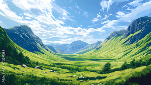 Majestic scottish highlands a serene green valley under a blue sky. Scottish Highlands. Illustration