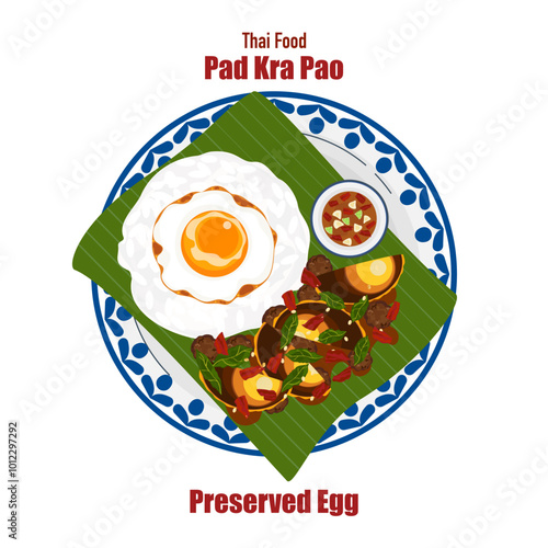 Set of flat banner vector illustrations, delicious food. Thai food, a la carte food, stir-fried basil with fried egg "pad kra pao". Cooking from top view, recipe, menu, restaurant for food design.