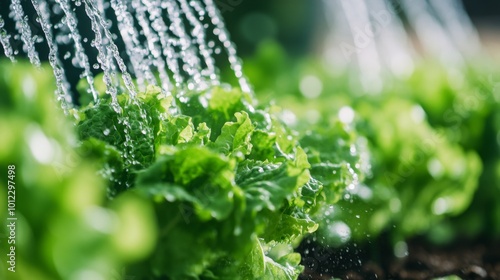 Fresh Green Lettuce Being Watered by Sprinkler