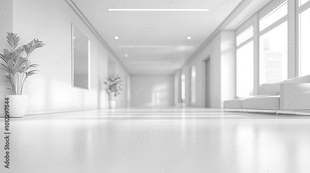 Fototapeta premium A spacious, white office interior with a blurred focus, suitable as a background image. 