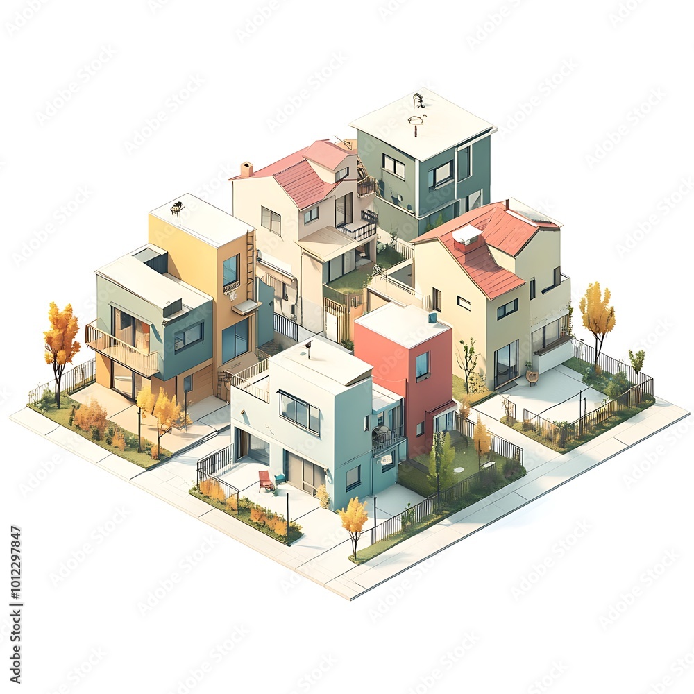 Isometric View of Modern Suburb Neighborhood with Houses and Trees Isometric View of Modern Suburb Neighborhood with Houses and Trees