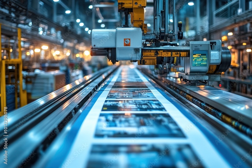 A robotic arm moves along a conveyor belt in a printing factory, sorting and organizing printed sheets. A robotic arm moves along a conveyor belt in a printing factory, sorting and organizing printed sheets.