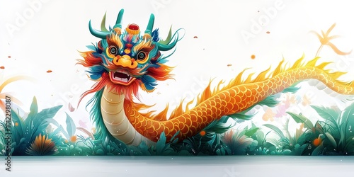 Vibrant Chinese Dragon Artwork in Lush Landscape: Symbolism, Culture, and Artistic Renderings in Asian Mythology and Folklore photo