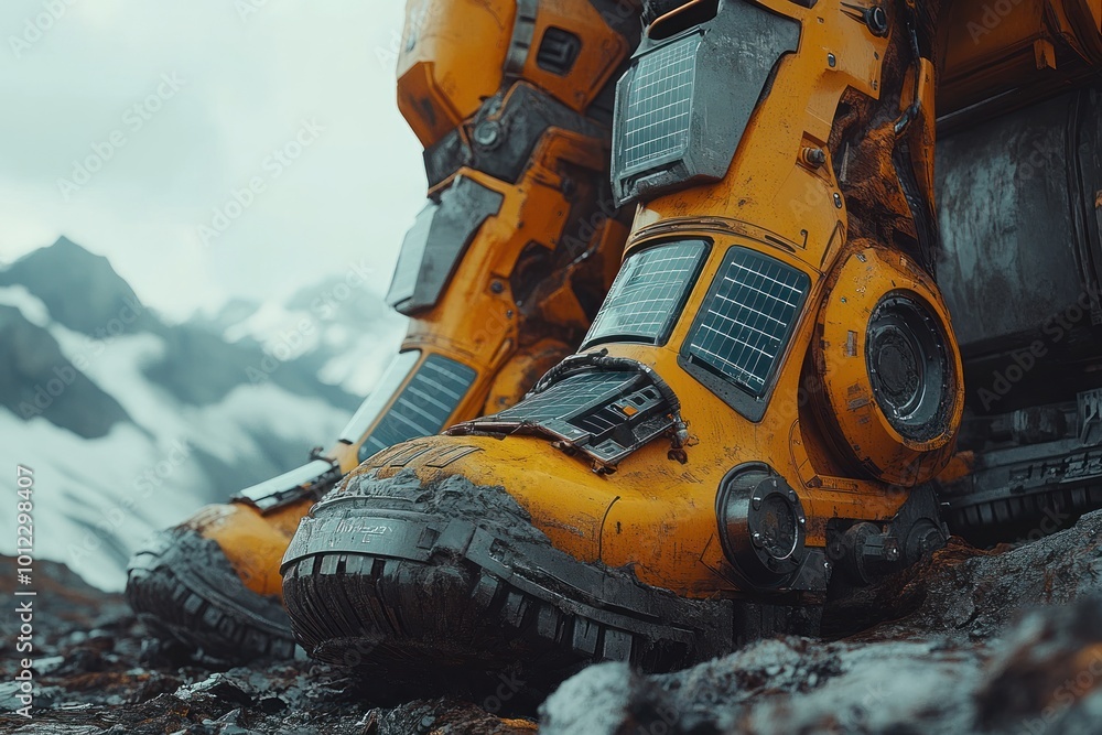 Close-up of dirty futuristic yellow boots with solar panels on a rocky mountainside. Close-up of dirty futuristic yellow boots with solar panels on a rocky mountainside.