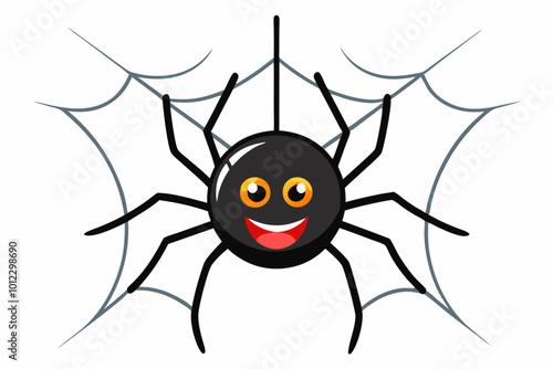 Spider hangs on a web and smiles, a character on a white background.
