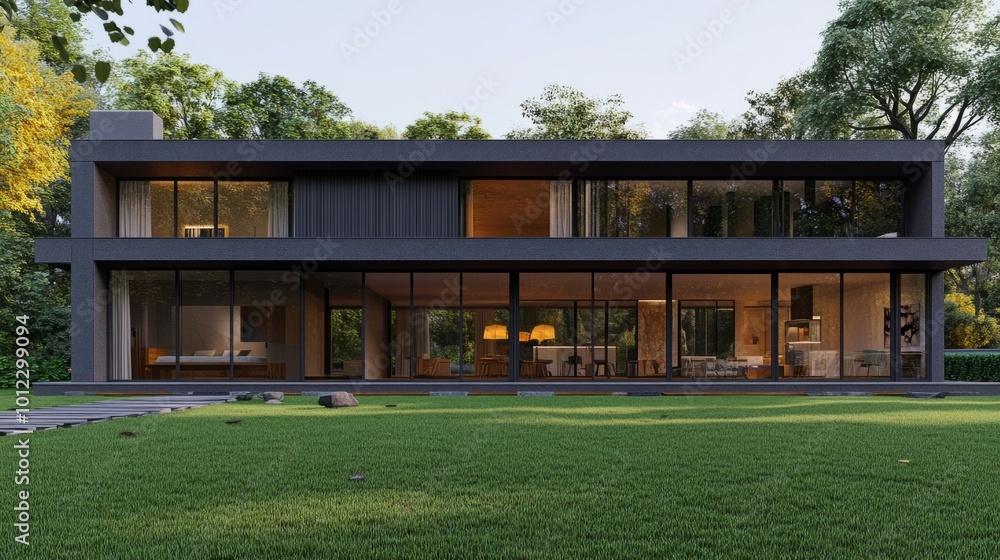 Exterior view of a modern house with large windows and a green lawn generative ai Exterior view of a modern house with large windows and a green lawn generative ai