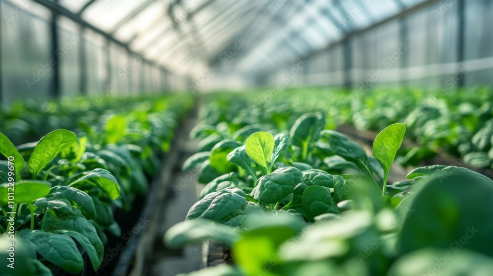Close-up of Lush Green Spinach Plants Growing in a Greenhouse Close-up of Lush Green Spinach Plants Growing in a Greenhouse