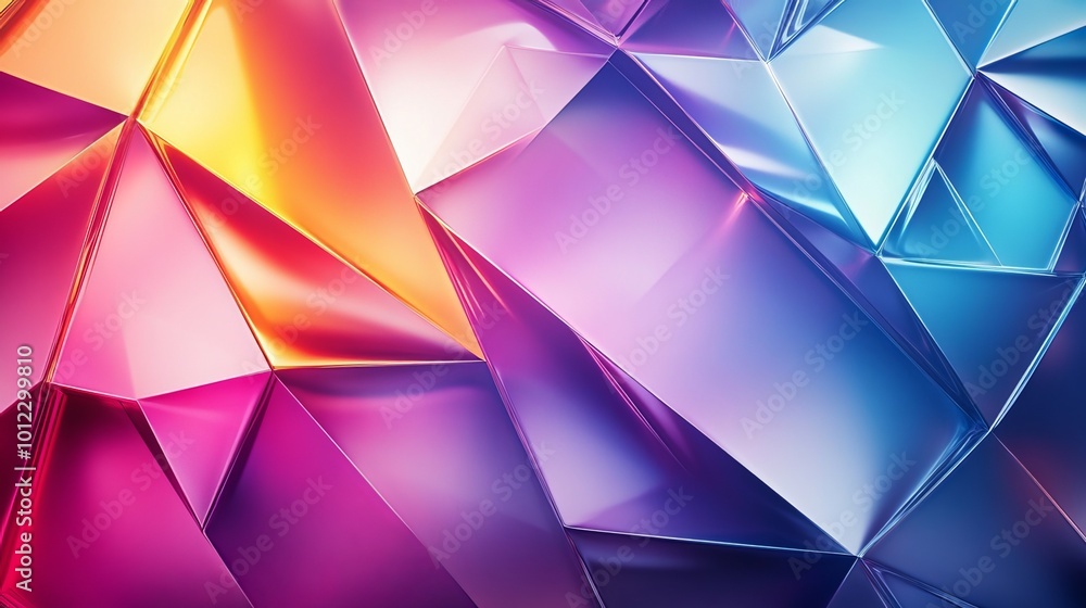 Obraz premium Abstract background with geometric shapes and color gradients. 3D effect with metallic neon light elements. Grungy grain texture. Suitable for web banners, templates, and wide panoramic designs. 
