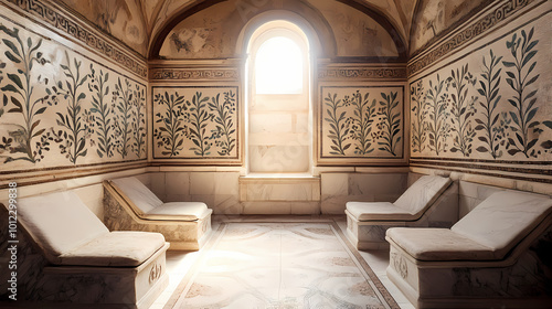 Intricate lovage leaf mosaic tiles in opulent ancient roman bathhouse. Roman Bathhouse. Illustration