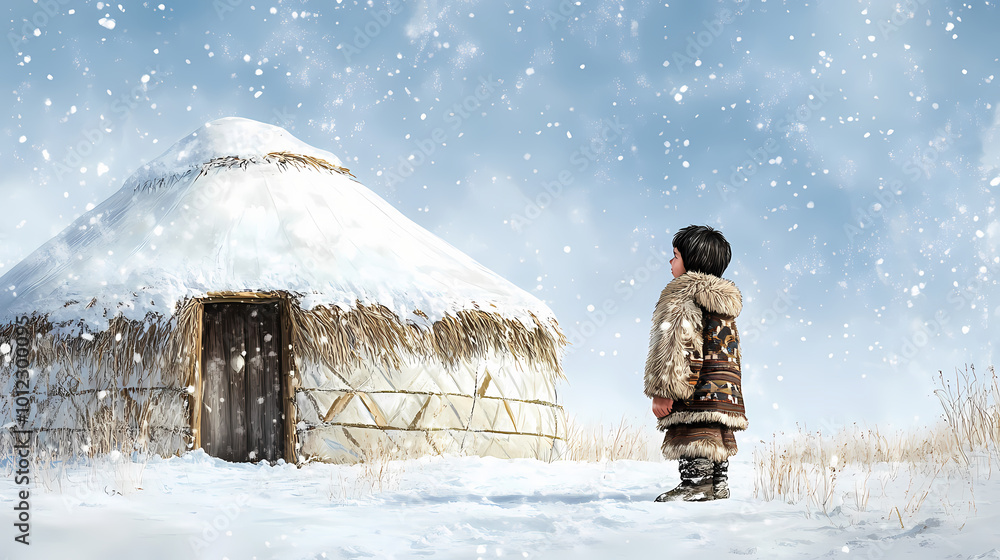 Inuit young child dressed in traditional fur clothing, standing proudly ...