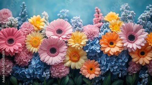 Colorful flowers arranged in a row against a blue background.