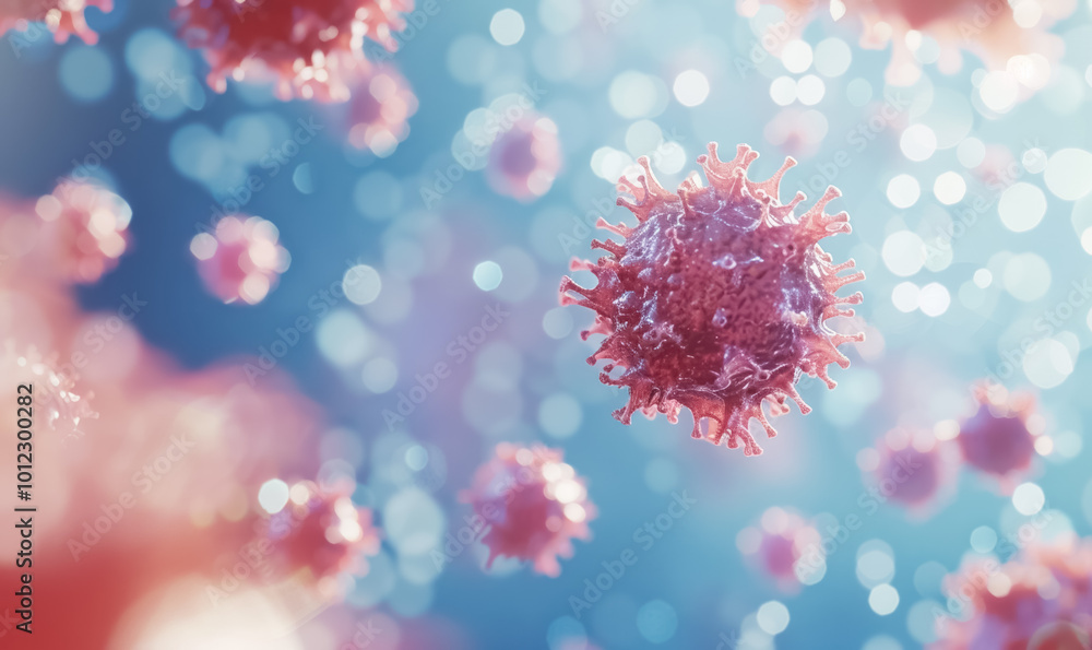 Close-up of virus particles floating in microscopic view, colored in pink and blue hues, representing pathogens or cells in biological environment Close-up of virus particles floating in microscopic view, colored in pink and blue hues, representing pathogens or cells in biological environment