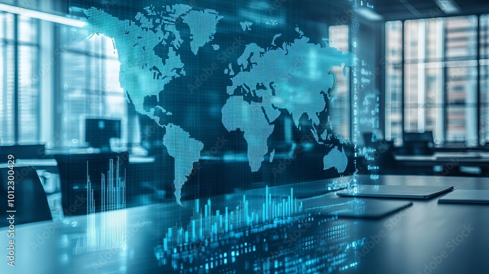 Fototapeta premium Abstract creative financial graph and world map on a modern furnished classroom background, financial and trading concept. Multiexposure 