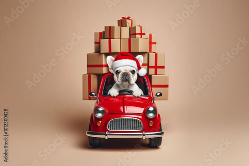 White Bulldog in festive hat driving an overpacked red toy car with towering parcels. Playful and whimsical, great for concepts like shipping, delivery services, and lighthearted Christmas fun photo