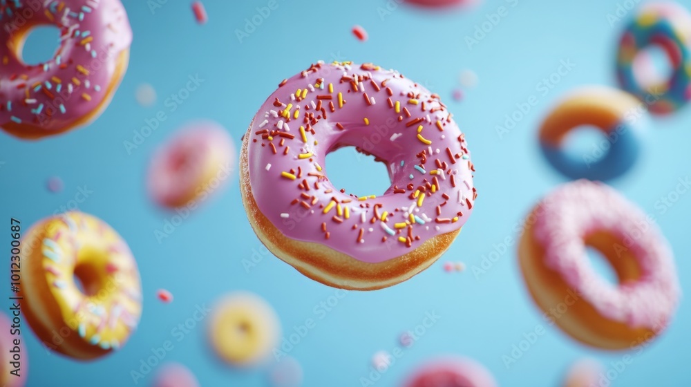 Flying donuts with bright colorful icing in dynamic motion generative ai Flying donuts with bright colorful icing in dynamic motion generative ai
