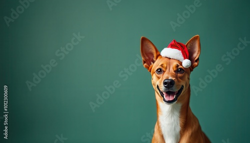 Masterpiece happy Basenji dog with Christmas cap on a right side of a jade color background looking in camera, only top of body, detailed photo