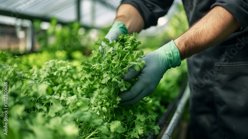 Close-up of a Person's Hands Harvesting Green Parsley in a Greenhouse