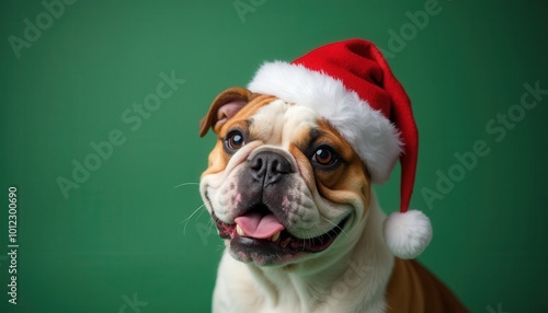 Masterpiece happy Bulldog dog with Christmas cap on a right side of a green color background looking in camera, only top of body, detailed