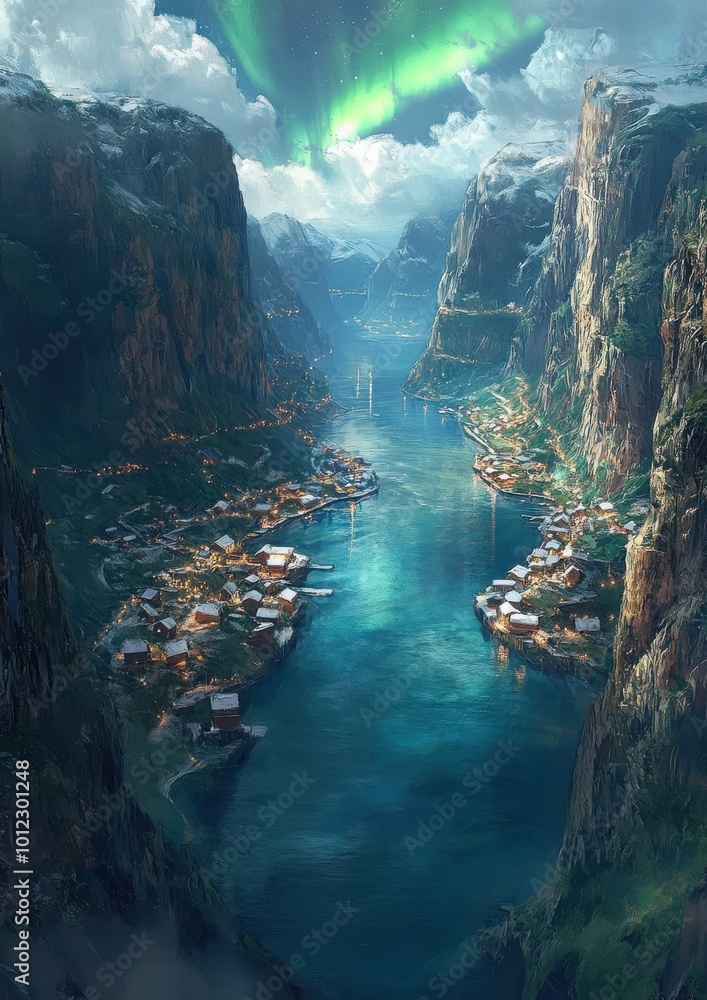 Φωτογραφία Stunning Aerial View of Idyllic Fjord Village Under Glorious Northern Lights and