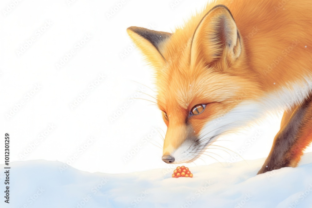 Obraz premium A Winter Fox uncovering a glowing berry hidden beneath the snow