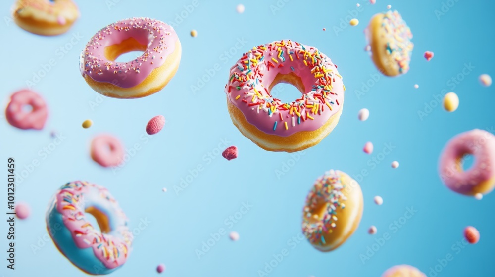 Flying donuts with various decorations tumbling through the air generative ai Flying donuts with various decorations tumbling through the air generative ai