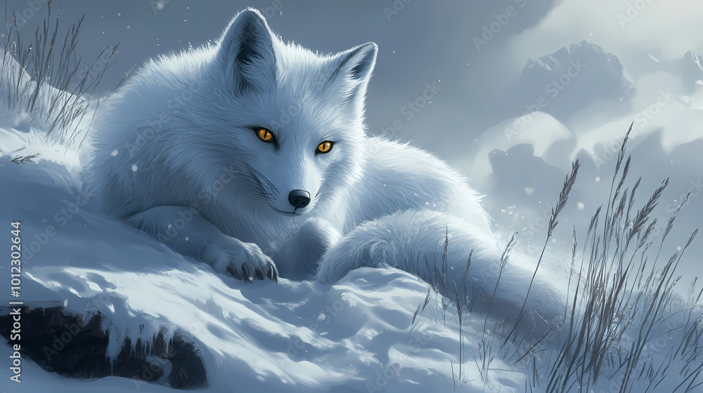 Majestic arctic fox with thick white fur blends into snowy siberian tundra landscape, its piercing yellow eyes scanning for prey in the frozen wilderness. Siberian Tundra. Illustration Majestic arctic fox with thick white fur blends into snowy siberian tundra landscape, its piercing yellow eyes scanning for prey in the frozen wilderness. Siberian Tundra. Illustration