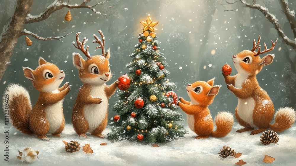 Naklejka premium Four adorable squirrels decorate a Christmas tree in a snowy forest, one holding a candy cane and another holding a Christmas ball.