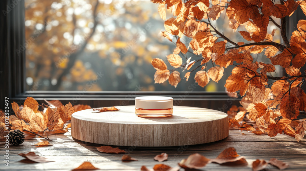 A jar of moisturizer sits on a wooden platform with autumn leaves around it. A jar of moisturizer sits on a wooden platform with autumn leaves around it.