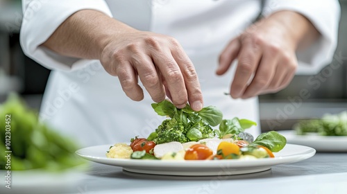 Chef artistically arranging food for photography, in a well-lit kitchen with vibrant ingredients, showcasing the beauty of food photography