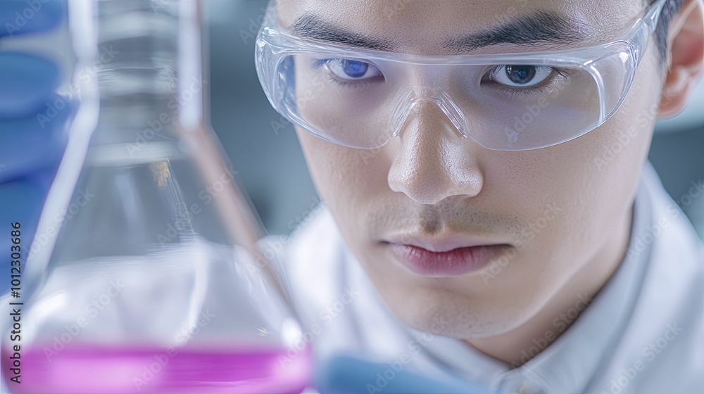 Scientist conducting a lab experiment, surrounded by colorful chemicals and equipment, in a vibrant laboratory setting, highlighting the intrigue of experimental photography