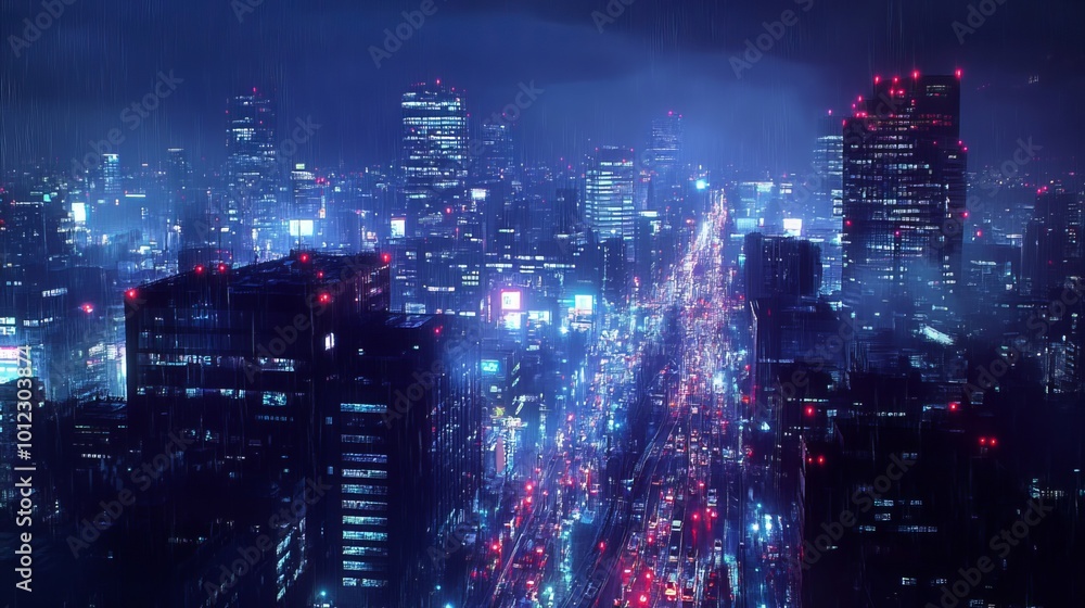 Fototapeta premium As night's embrace cloaked the city, the vibrant lights of urban life shimmered like ethereal stars against the velvety canvas of the sky. The rhythmic dance of countless vehicles