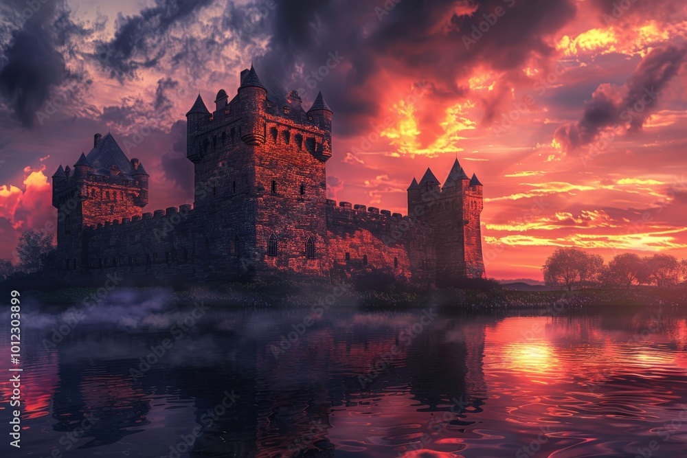 Fototapeta premium A castle is reflected in the water, with the sun setting in the background,generative ai image