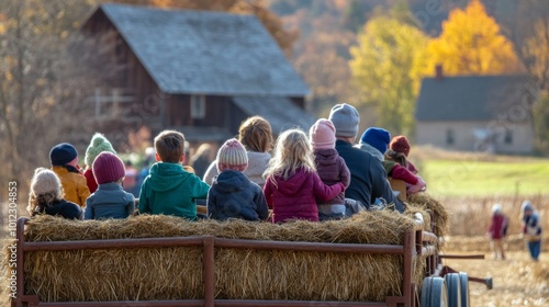 Back view of people riding in a hay wagon in a rural setting photo