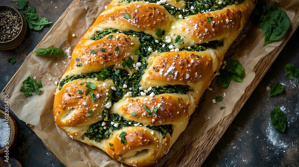 A warm, cheesy spinach and feta stuffed pretzel A warm, cheesy spinach and feta stuffed pretzel