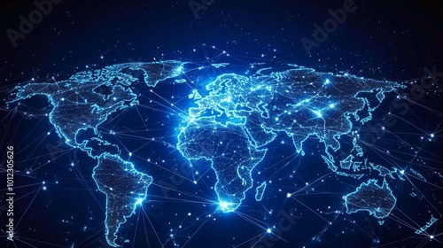 Futuristic backdrop of networking, vast data exchange. Next-gen technologies and web connectivity. World map illumined by lines and dots. 