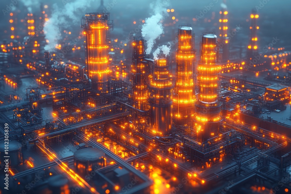 An aerial view of a futuristic industrial complex with tall towers, glowing lights, and intricate piping at night. An aerial view of a futuristic industrial complex with tall towers, glowing lights, and intricate piping at night.