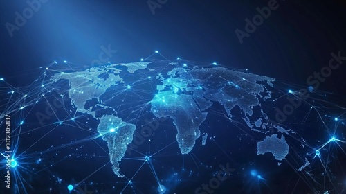 Futuristic backdrop of networking, vast data exchange. Next-gen technologies and web connectivity. World map illumined by lines and dots. 