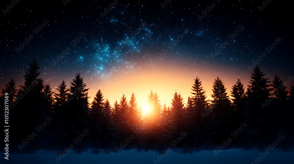 Majestic sunset over a forest with starry sky in the background Majestic sunset over a forest with starry sky in the background