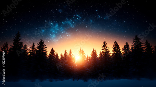 Majestic sunset over a forest with starry sky in the background