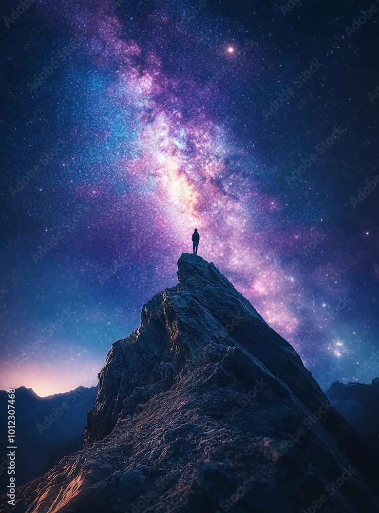 A man stands on the top of an isolated mountain peak, gazing at the vast expanse under a starry sky.
A man stands on the top of an isolated mountain peak, gazing at the vast expanse under a starry sky.
