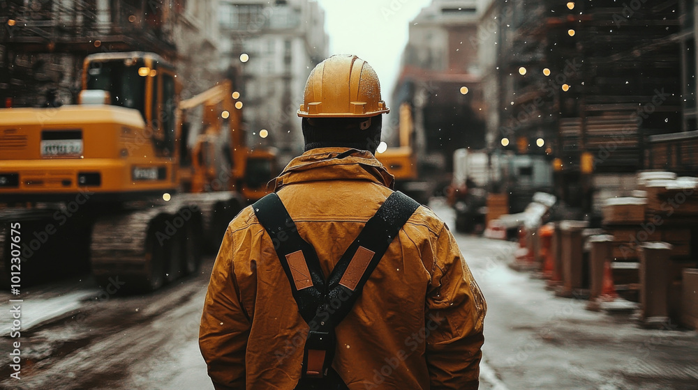 A construction worker walks through a snowy city street, heading towards a construction site. A construction worker walks through a snowy city street, heading towards a construction site.