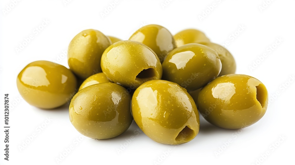 Isolated green olives on a white background. Precisely cut around the edges for easy use in design projects. Isolated green olives on a white background. Precisely cut around the edges for easy use in design projects.